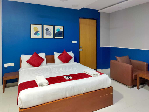 Bedroom one of Huda Heights TrustedStay Service Apartment in Banjara Hills Hyderabad